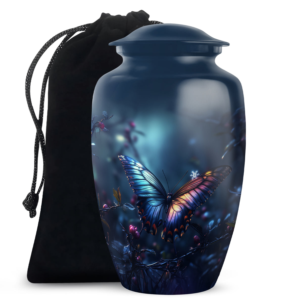 Serene Blue Butterfly Cremation Urn angled view of lid and engraved motif - elegant classic butterfly relief with fine detailing - full-size 10 inch 200 cubic inch adult cremation urn