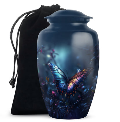Serene Blue Butterfly Cremation Urn angled view of lid and engraved motif - elegant classic butterfly relief with fine detailing - full-size 10 inch 200 cubic inch adult cremation urn