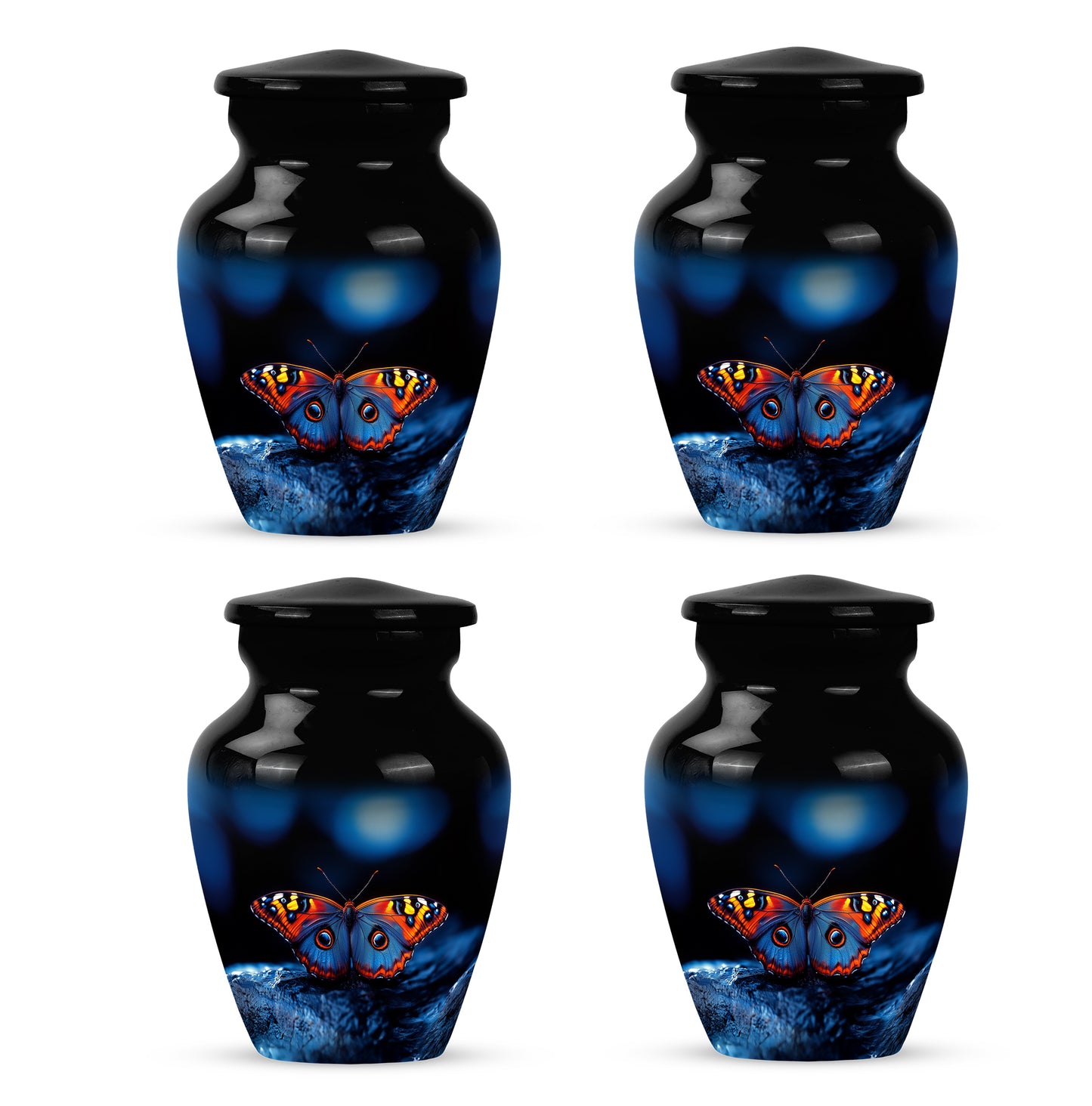 Jet Black Butterfly Cremation Urn side profile showing urn shape - classic sculpted butterfly pattern on smooth aluminum - 10 inch aluminum urn for cremated remains