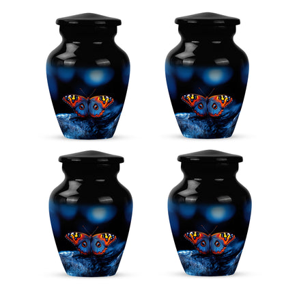 Jet Black Butterfly Cremation Urn side profile showing urn shape - classic sculpted butterfly pattern on smooth aluminum - 10 inch aluminum urn for cremated remains