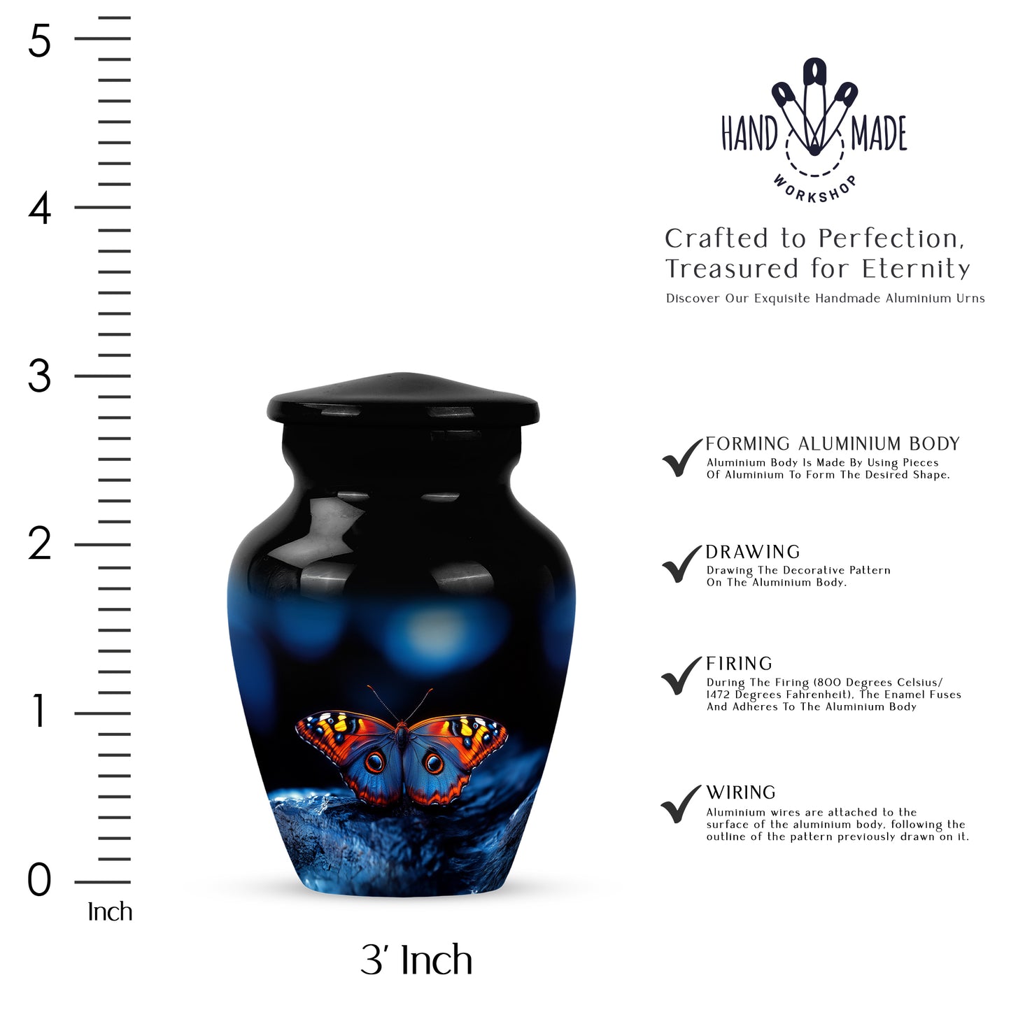 Onyx Black Butterfly Cremation Urn close-up of engraving and surface detail - traditional butterfly engraving with hand-polished finish - mini keepsake memorial for portion of cremation ashes
