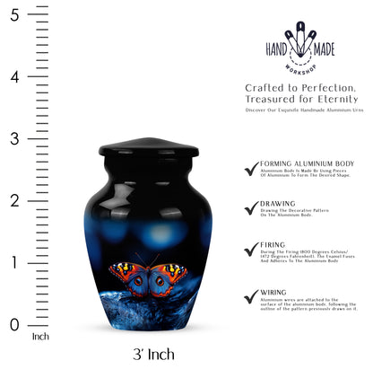 Onyx Black Butterfly Cremation Urn close-up of engraving and surface detail - traditional butterfly engraving with hand-polished finish - mini keepsake memorial for portion of cremation ashes
