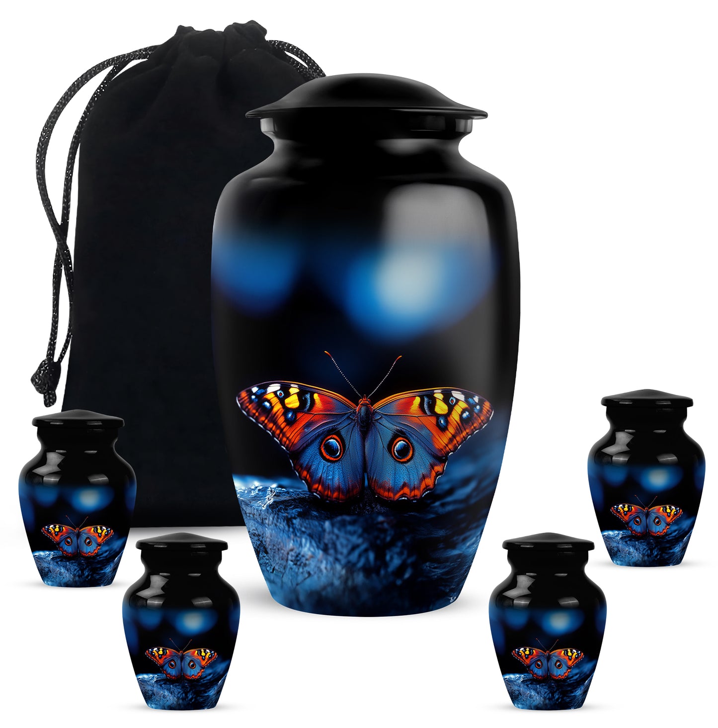 Ebony Butterfly Cremation Urn top-down view of secure threaded lid - timeless butterfly motif etched into premium metal - memorial set with one large and four small urns