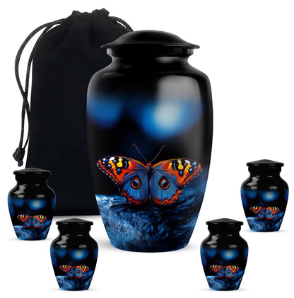 Ebony Butterfly Cremation Urn top-down view of secure threaded lid - timeless butterfly motif etched into premium metal - memorial set with one large and four small urns