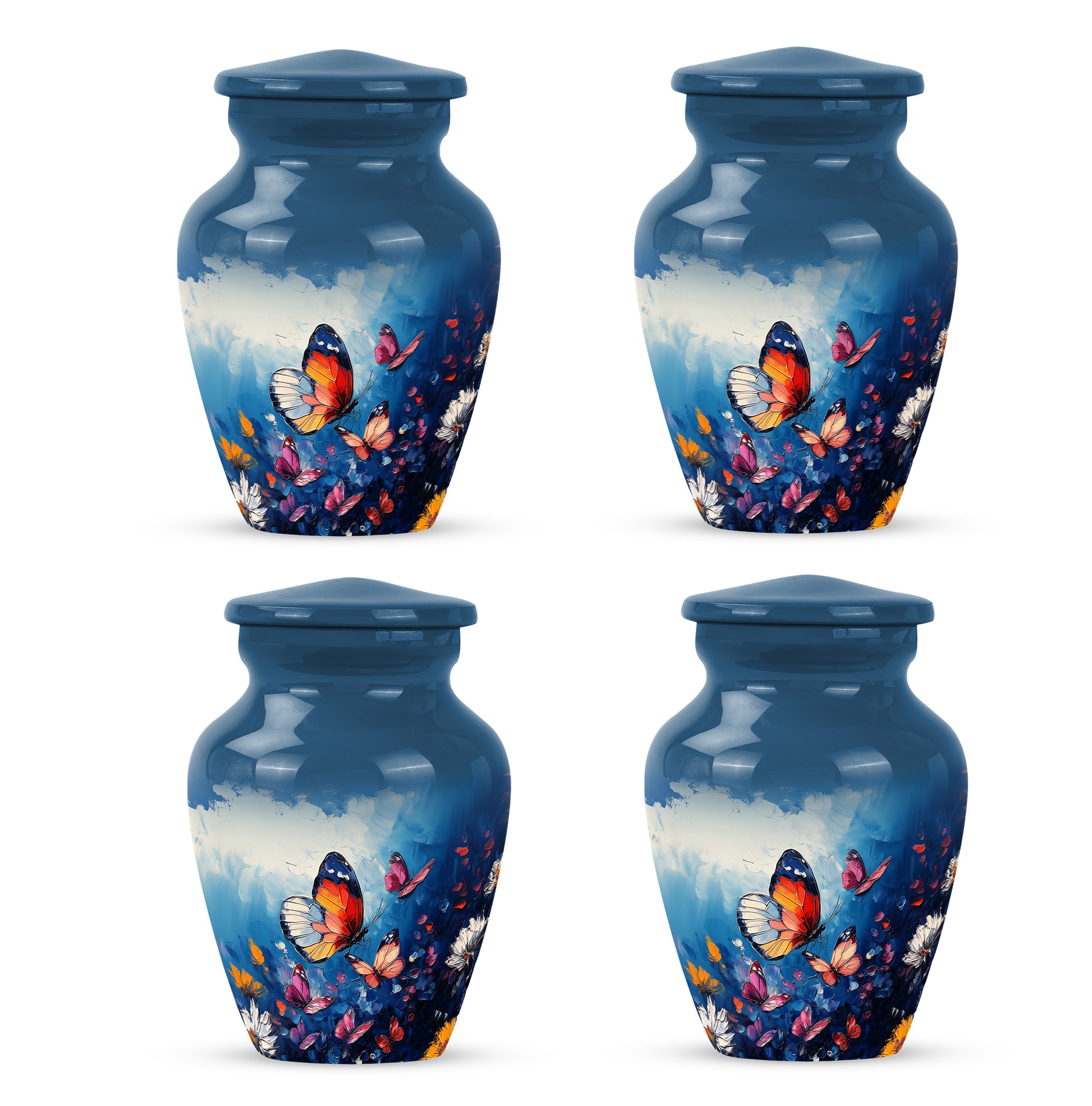 Serene Blue Butterfly Cremation Urn side profile showing urn shape - traditional butterfly engraving with hand-polished finish - 10 inch aluminum urn for cremated remains
