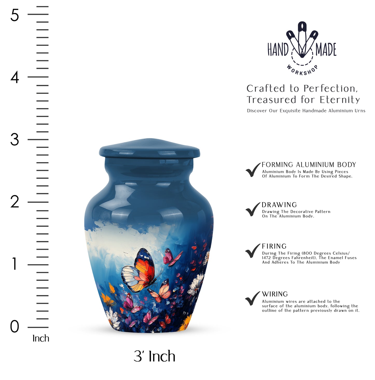 Soft Blue Butterfly Cremation Urn close-up of engraving and surface detail - traditional butterfly engraving with hand-polished finish - mini keepsake memorial for portion of cremation ashes