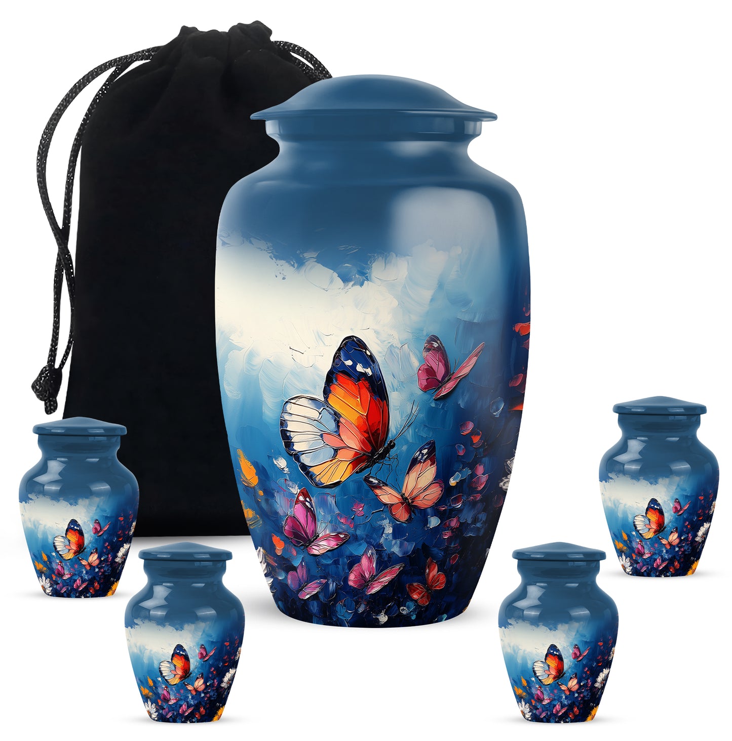 Twilight Blue Butterfly Cremation Urn top-down view of secure threaded lid - elegant classic butterfly relief with fine detailing - memorial set with one large and four small urns