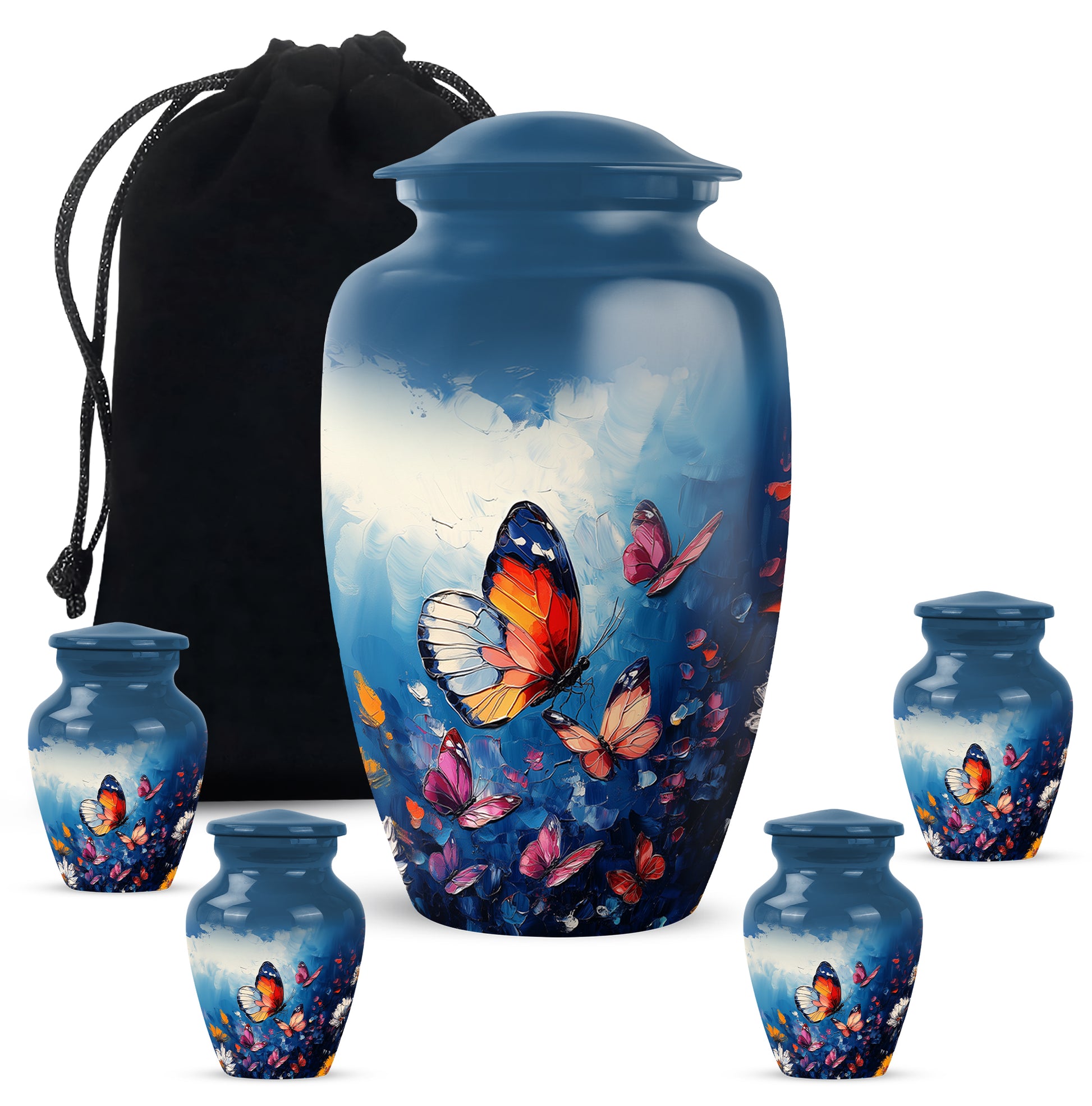 Twilight Blue Butterfly Cremation Urn top-down view of secure threaded lid - elegant classic butterfly relief with fine detailing - memorial set with one large and four small urns