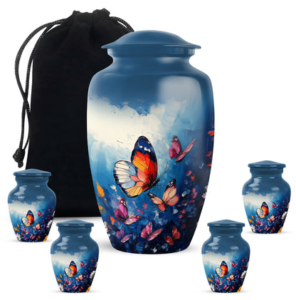 Twilight Blue Butterfly Cremation Urn top-down view of secure threaded lid - elegant classic butterfly relief with fine detailing - memorial set with one large and four small urns
