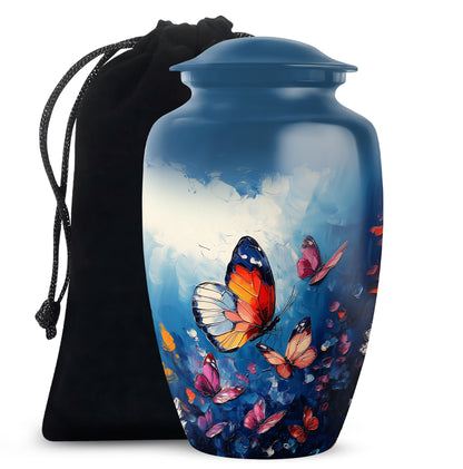Dusty Blue Butterfly Cremation Urn angled view of lid and engraved motif - classic sculpted butterfly pattern on smooth aluminum - full-size 10 inch 200 cubic inch adult cremation urn