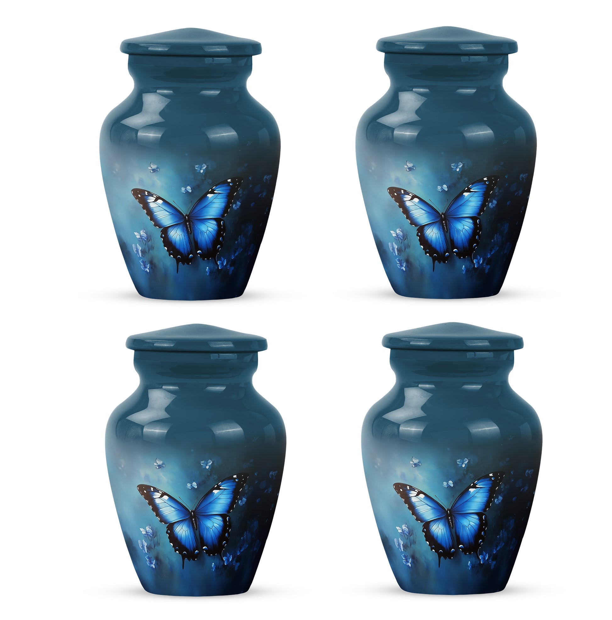 Soft Blue Butterfly Cremation Urn side profile showing urn shape - elegant classic butterfly relief with fine detailing - 10 inch aluminum urn for cremated remains