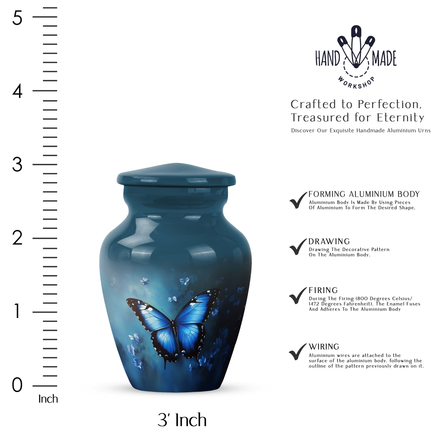 Steel Blue Butterfly Cremation Urn close-up of engraving and surface detail - traditional butterfly engraving with hand-polished finish - mini keepsake memorial for portion of cremation ashes