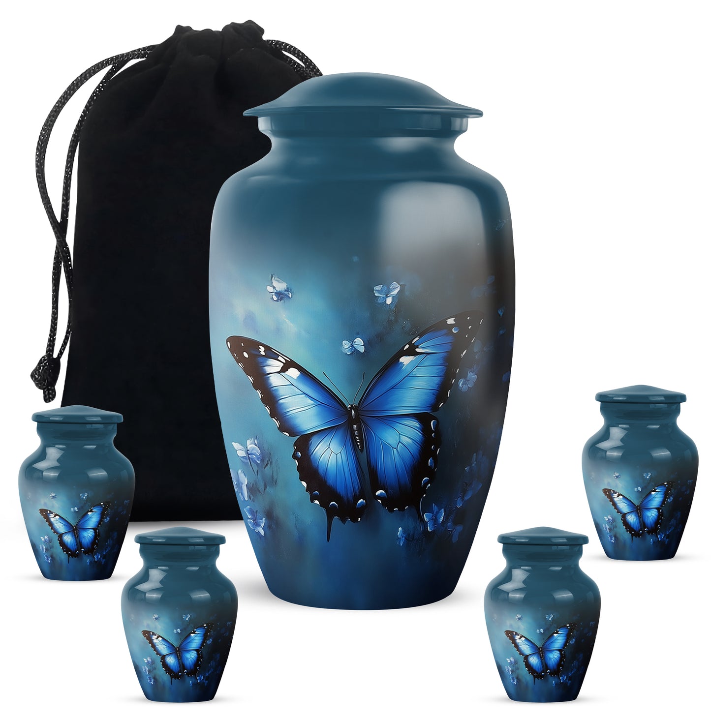 Calming Blue Butterfly Cremation Urn top-down view of secure threaded lid - elegant classic butterfly relief with fine detailing - memorial set with one large and four small urns