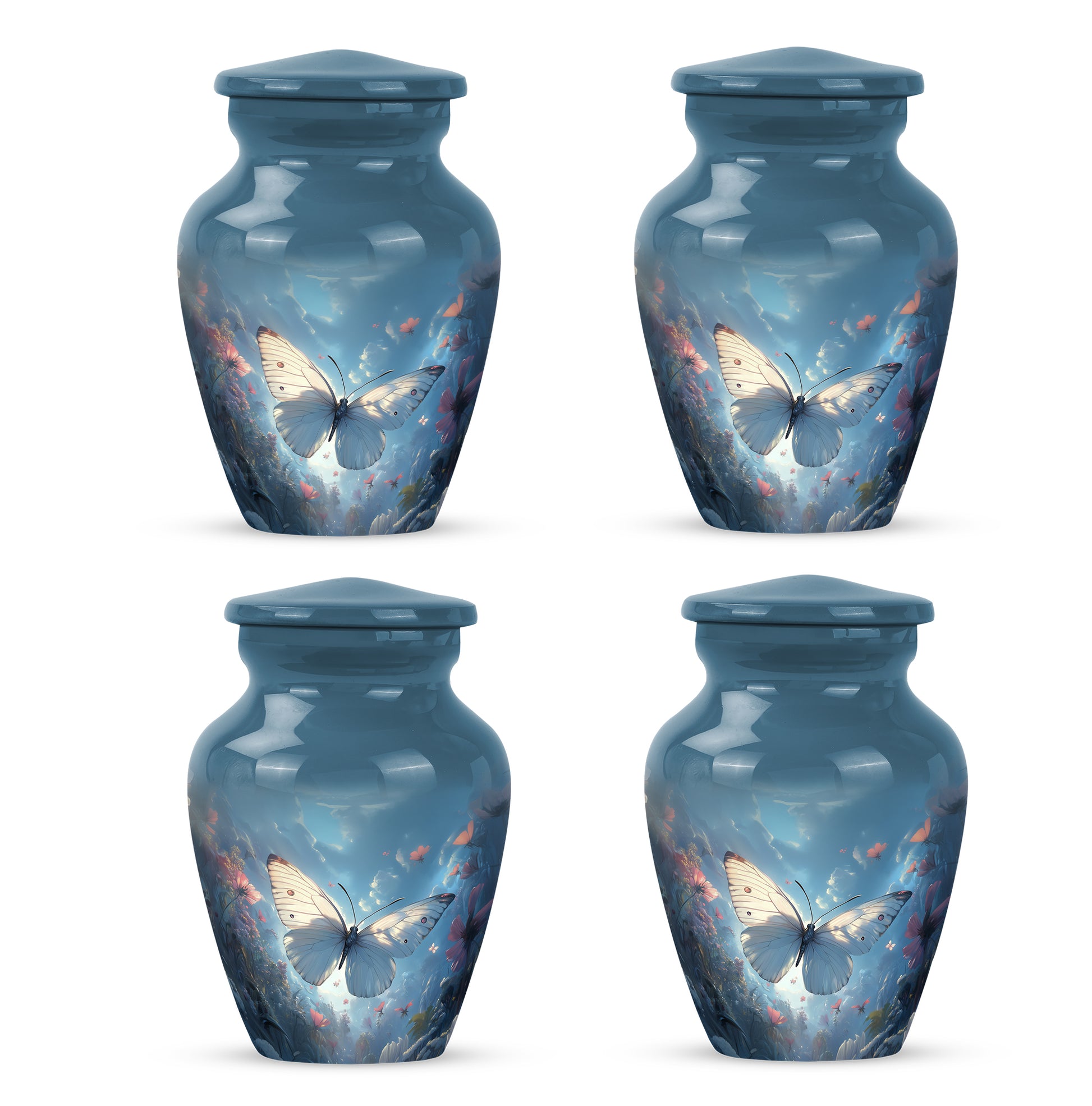 Vivid Blue Butterfly Cremation Urn side profile showing urn shape - traditional butterfly engraving with hand-polished finish - 10 inch aluminum urn for cremated remains