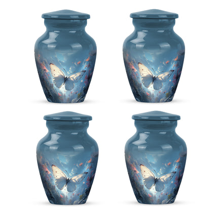 Vivid Blue Butterfly Cremation Urn side profile showing urn shape - traditional butterfly engraving with hand-polished finish - 10 inch aluminum urn for cremated remains