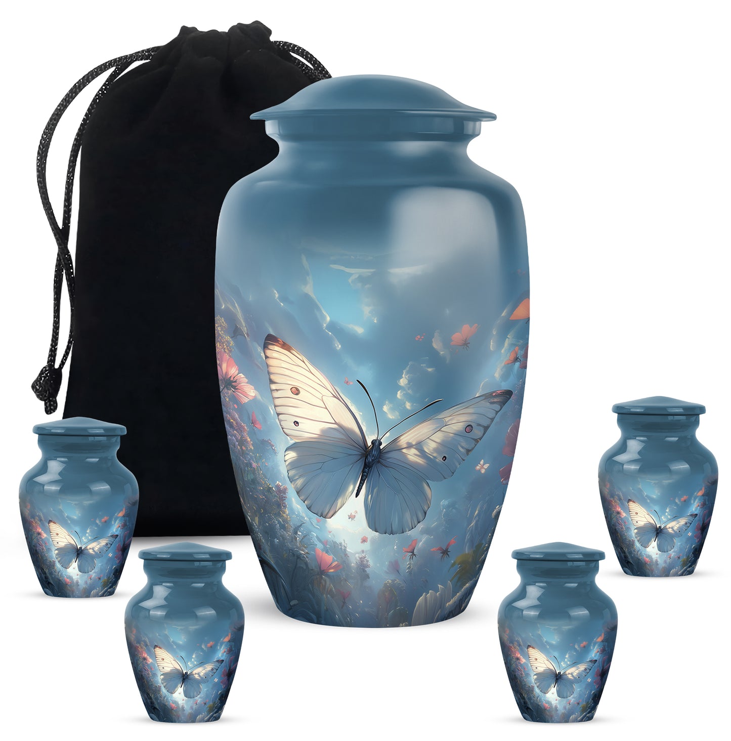 Cornflower Blue Butterfly Cremation Urn top-down view of secure threaded lid - traditional butterfly engraving with hand-polished finish - memorial set with one large and four small urns