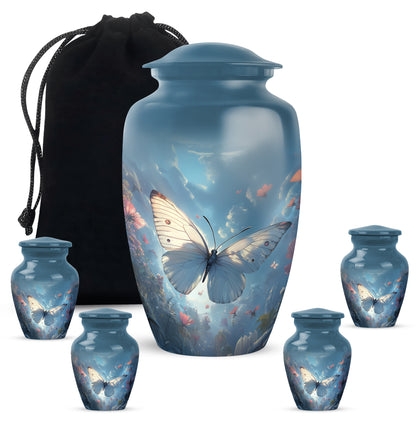 Cornflower Blue Butterfly Cremation Urn top-down view of secure threaded lid - traditional butterfly engraving with hand-polished finish - memorial set with one large and four small urns