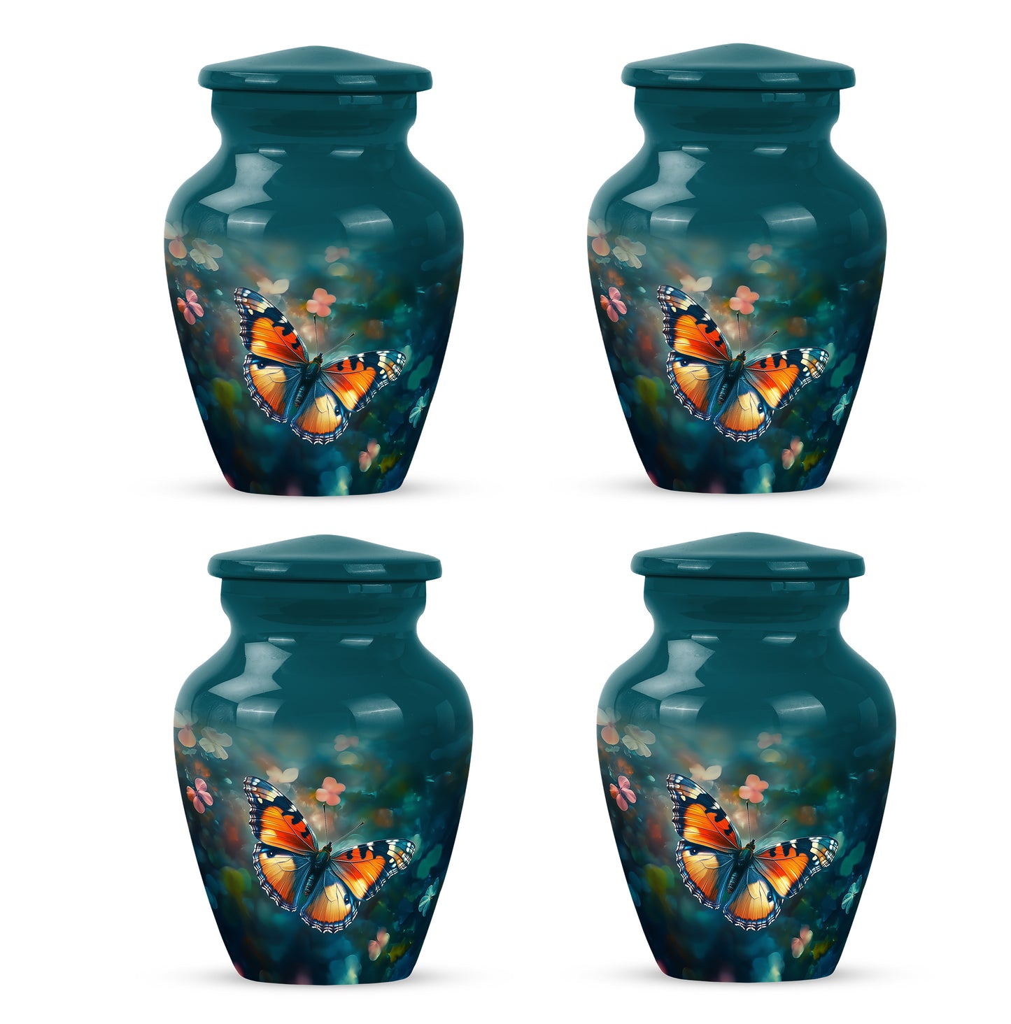 Soft Teal Butterfly Cremation Urn side profile showing urn shape - classic sculpted butterfly pattern on smooth aluminum - 10 inch aluminum urn for cremated remains