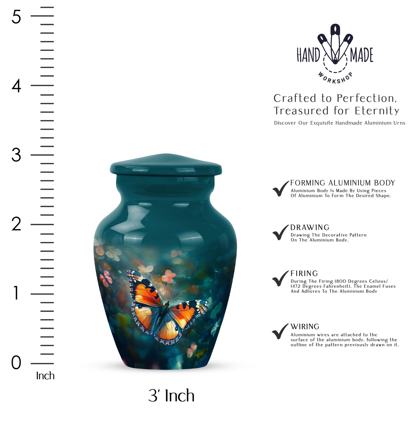 Vivid Teal Butterfly Cremation Urn close-up of engraving and surface detail - traditional butterfly engraving with hand-polished finish - mini keepsake memorial for portion of cremation ashes