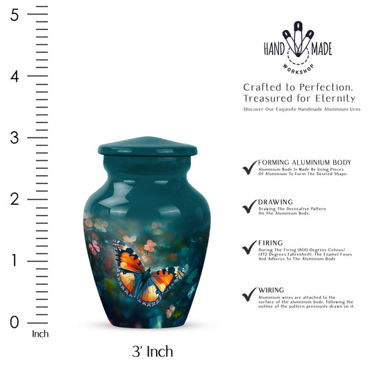 Vivid Teal Butterfly Cremation Urn close-up of engraving and surface detail - traditional butterfly engraving with hand-polished finish - mini keepsake memorial for portion of cremation ashes