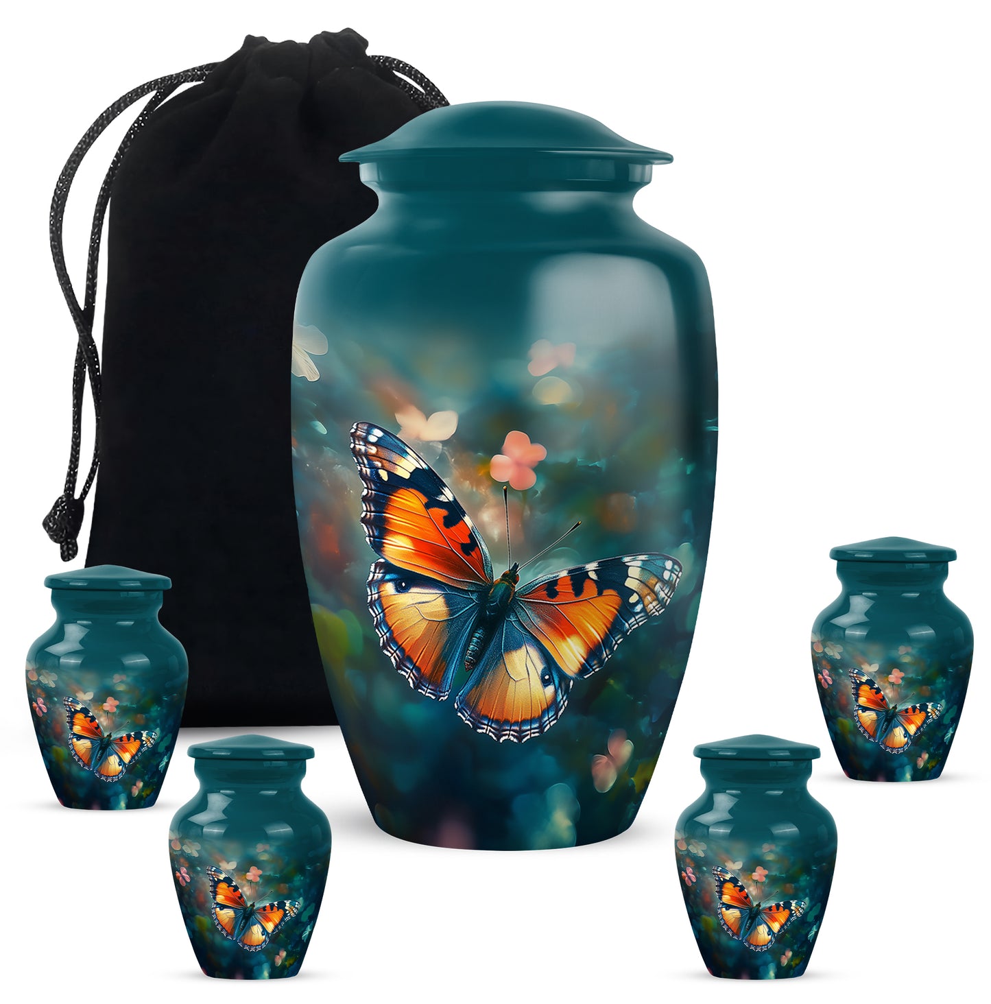 Soft Teal Butterfly Cremation Urn top-down view of secure threaded lid - timeless butterfly motif etched into premium metal - memorial set with one large and four small urns