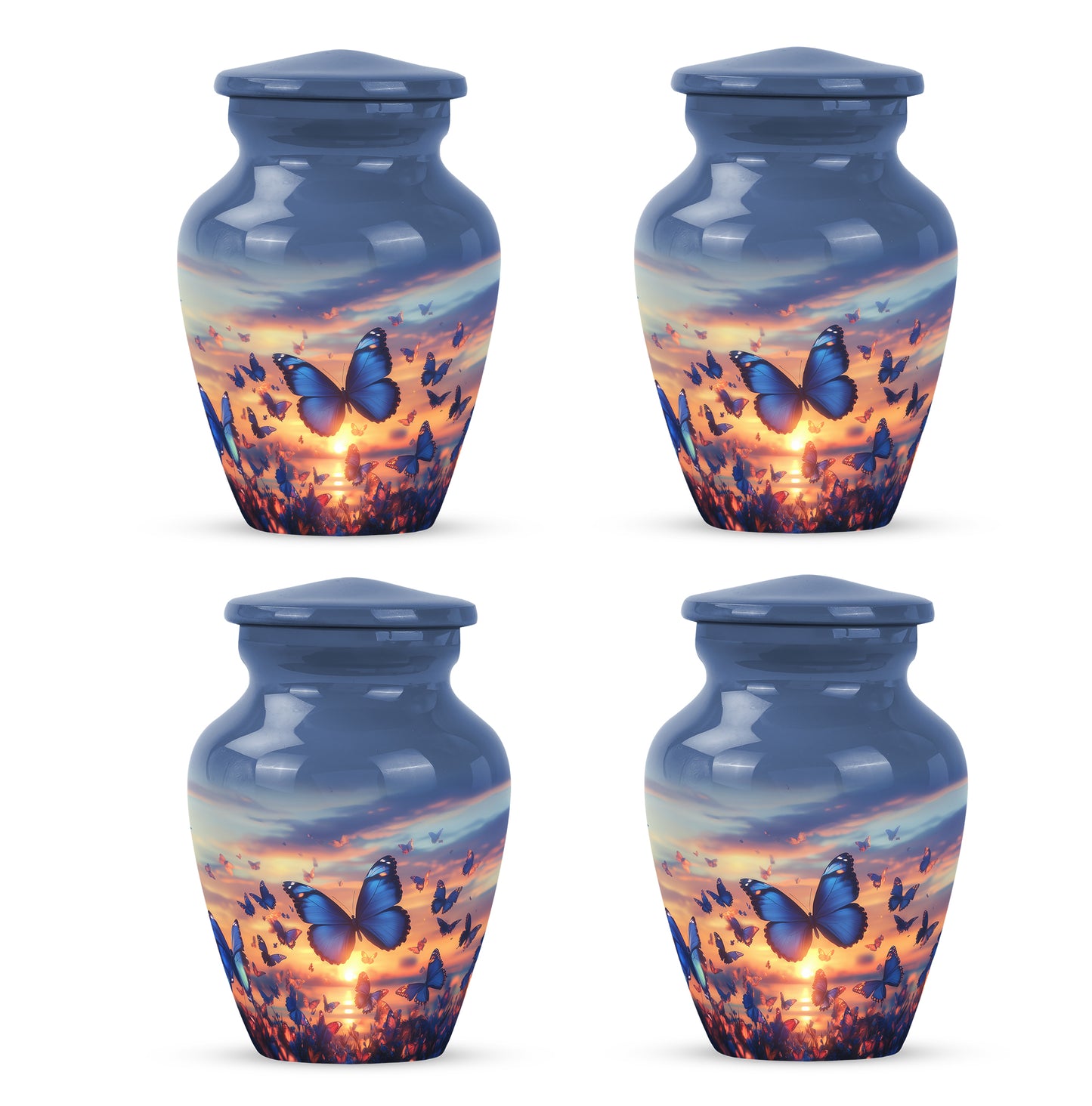 Serene Blue Butterfly Cremation Urn side profile showing urn shape - elegant classic butterfly relief with fine detailing - 10 inch aluminum urn for cremated remains