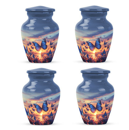 Serene Blue Butterfly Cremation Urn side profile showing urn shape - elegant classic butterfly relief with fine detailing - 10 inch aluminum urn for cremated remains