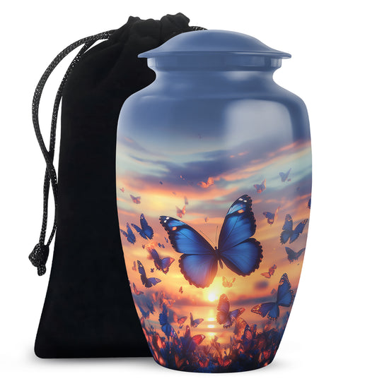 Dusty Blue Butterfly Cremation Urn angled view of lid and engraved motif - classic sculpted butterfly pattern on smooth aluminum - full-size 10 inch 200 cubic inch adult cremation urn