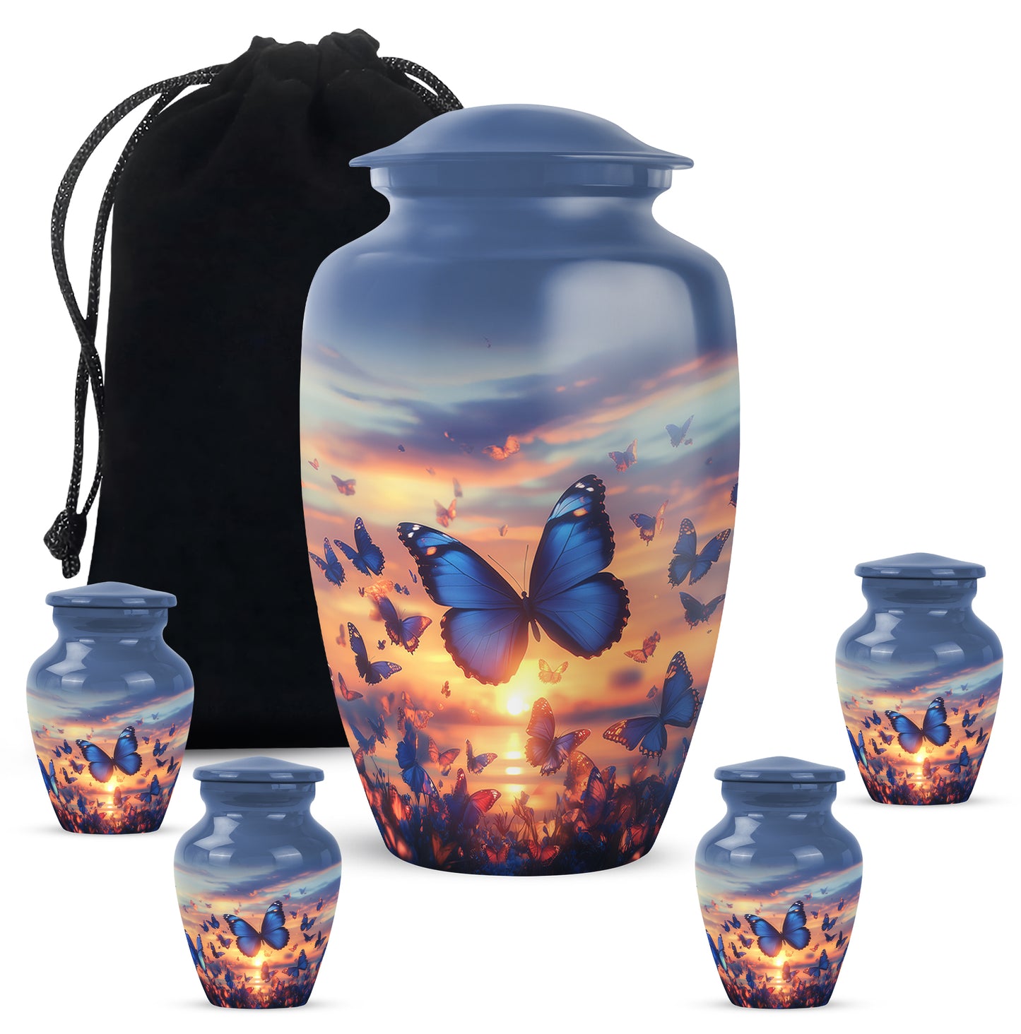 Soft Blue Butterfly Cremation Urn top-down view of secure threaded lid - traditional butterfly engraving with hand-polished finish - memorial set with one large and four small urns