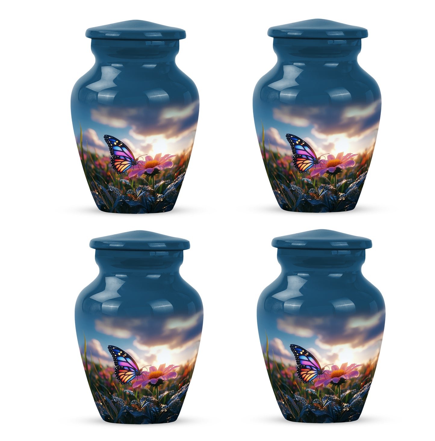 Dusty Blue Butterfly Cremation Urn side profile showing urn shape - timeless butterfly motif etched into premium metal - 10 inch aluminum urn for cremated remains