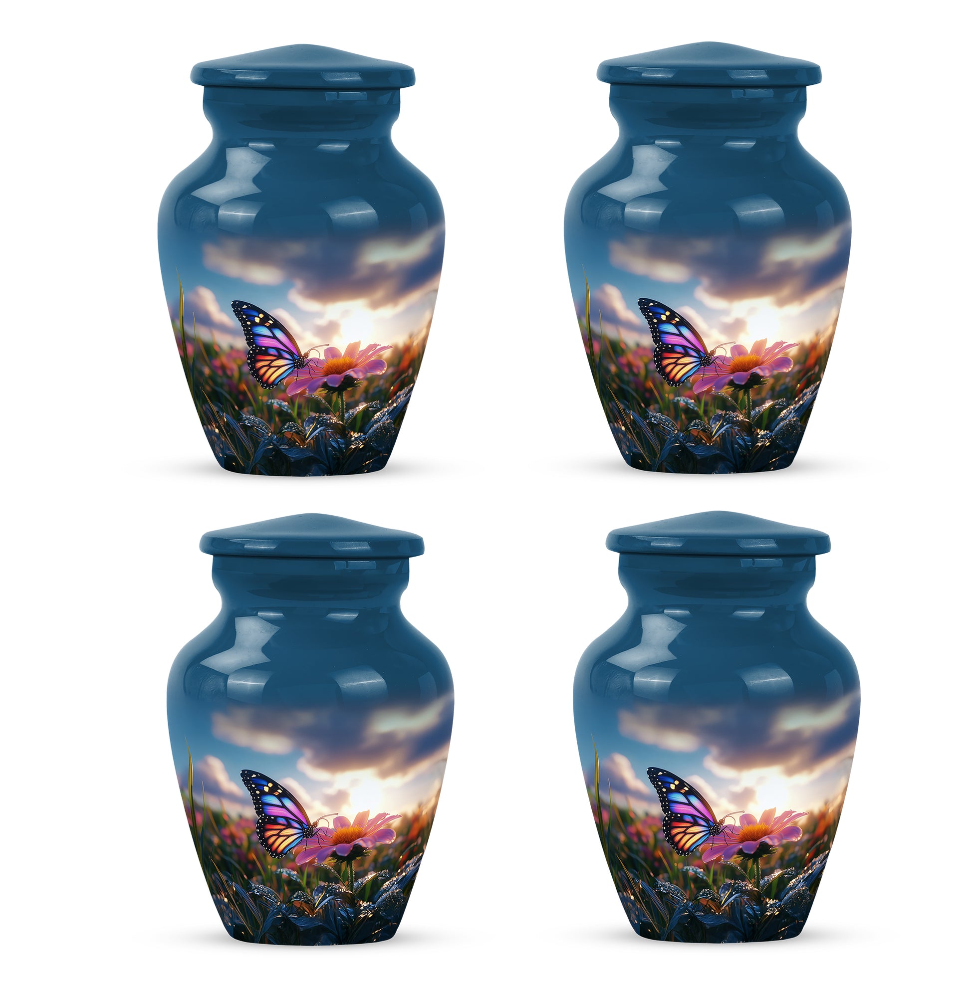 Dusty Blue Butterfly Cremation Urn side profile showing urn shape - timeless butterfly motif etched into premium metal - 10 inch aluminum urn for cremated remains