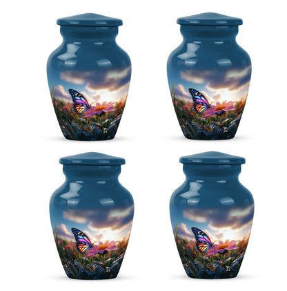 Dusty Blue Butterfly Cremation Urn side profile showing urn shape - timeless butterfly motif etched into premium metal - 10 inch aluminum urn for cremated remains