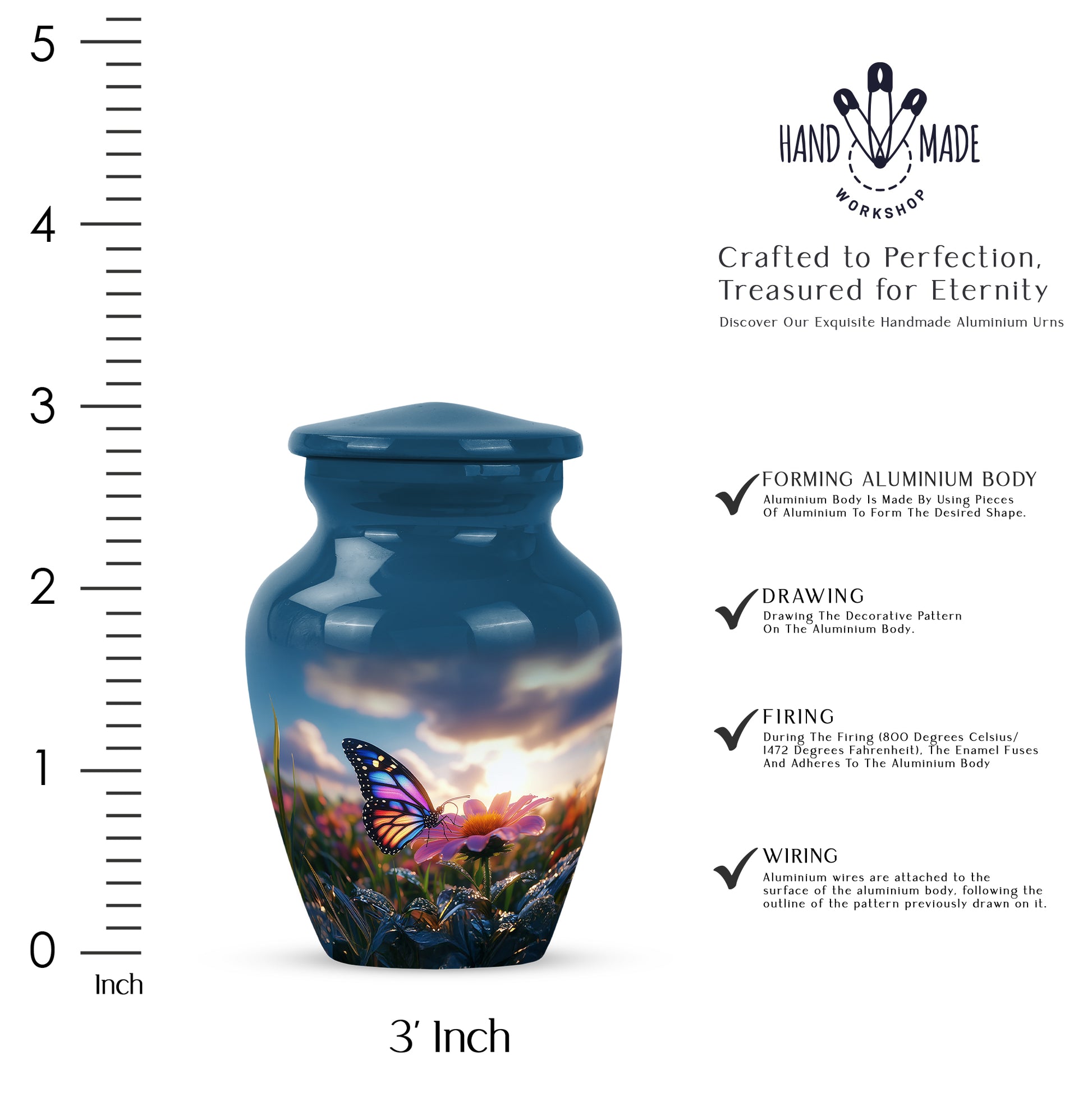 Celestial Blue Butterfly Cremation Urn close-up of engraving and surface detail - classic sculpted butterfly pattern on smooth aluminum - mini keepsake memorial for portion of cremation ashes
