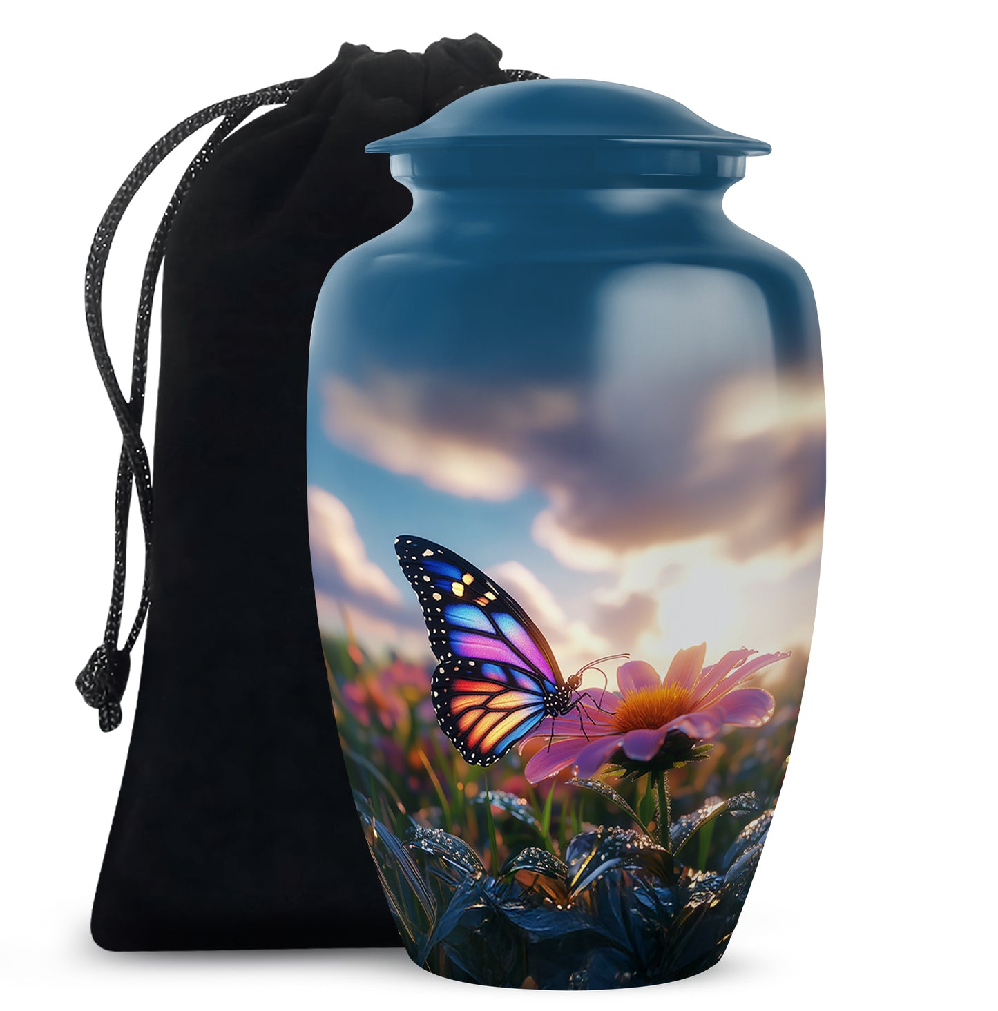 Powder Blue Butterfly Cremation Urn angled view of lid and engraved motif - classic sculpted butterfly pattern on smooth aluminum - full-size 10 inch 200 cubic inch adult cremation urn