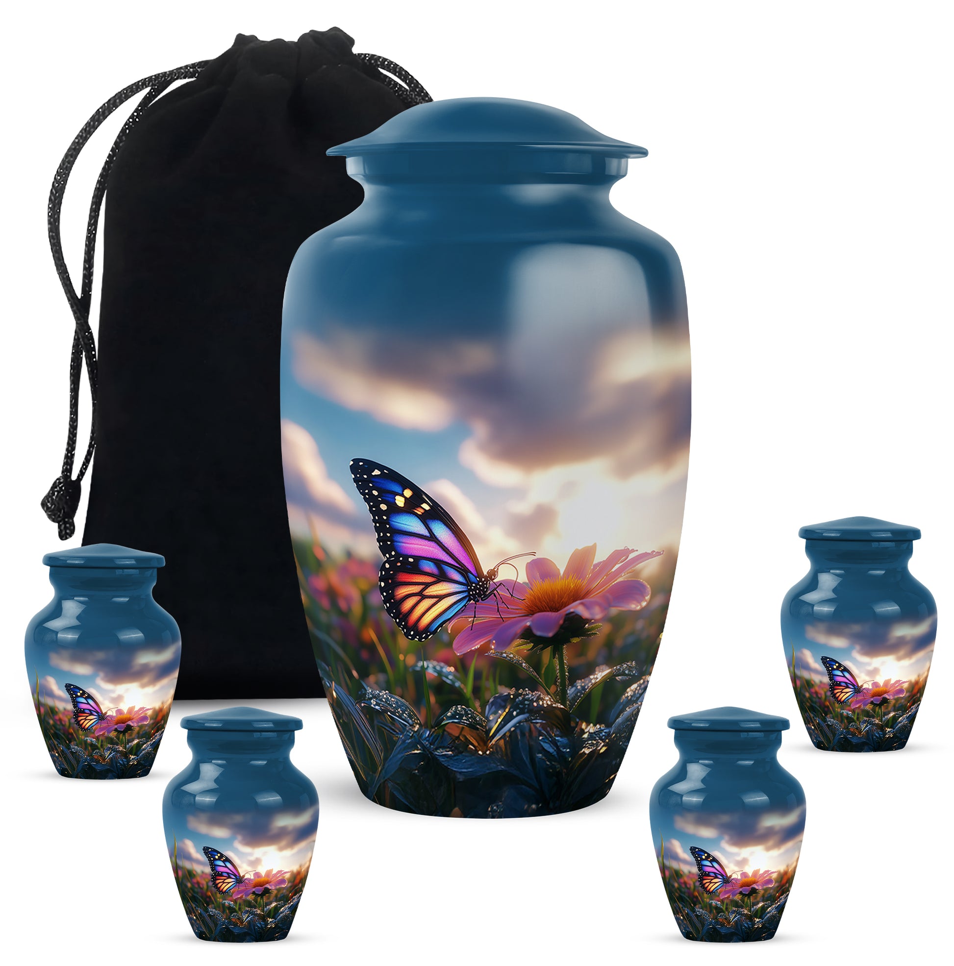 Calming Blue Butterfly Cremation Urn top-down view of secure threaded lid - traditional butterfly engraving with hand-polished finish - memorial set with one large and four small urns