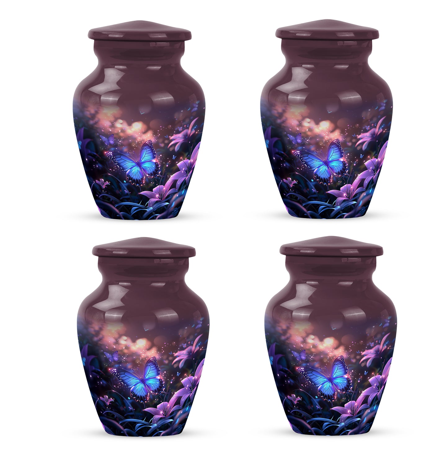 Rose Pink Butterfly Cremation Urn side profile showing urn shape - timeless butterfly motif etched into premium metal - 10 inch aluminum urn for cremated remains