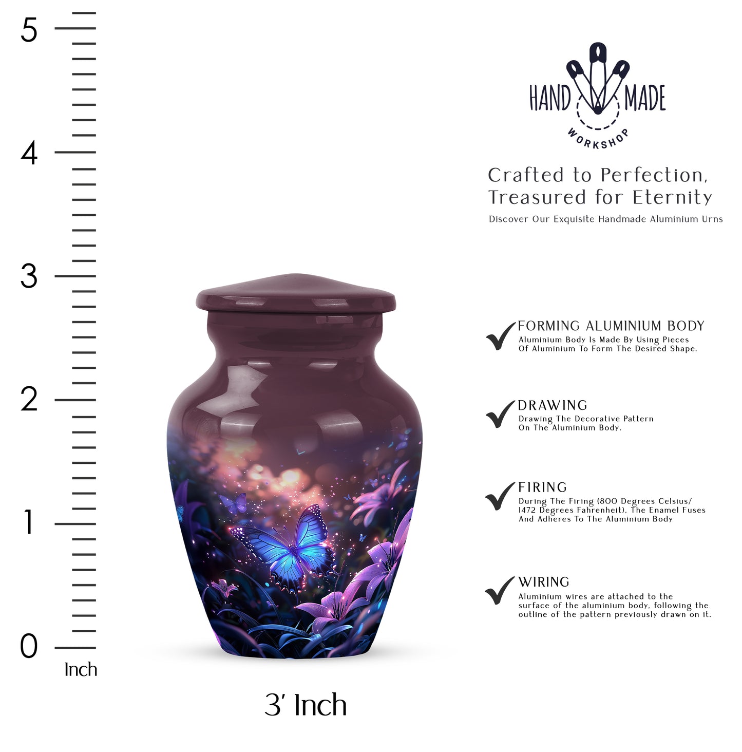 Coral Pink Butterfly Cremation Urn close-up of engraving and surface detail - classic sculpted butterfly pattern on smooth aluminum - mini keepsake memorial for portion of cremation ashes