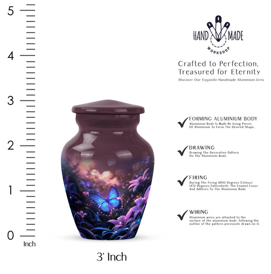 Coral Pink Butterfly Cremation Urn close-up of engraving and surface detail - classic sculpted butterfly pattern on smooth aluminum - mini keepsake memorial for portion of cremation ashes