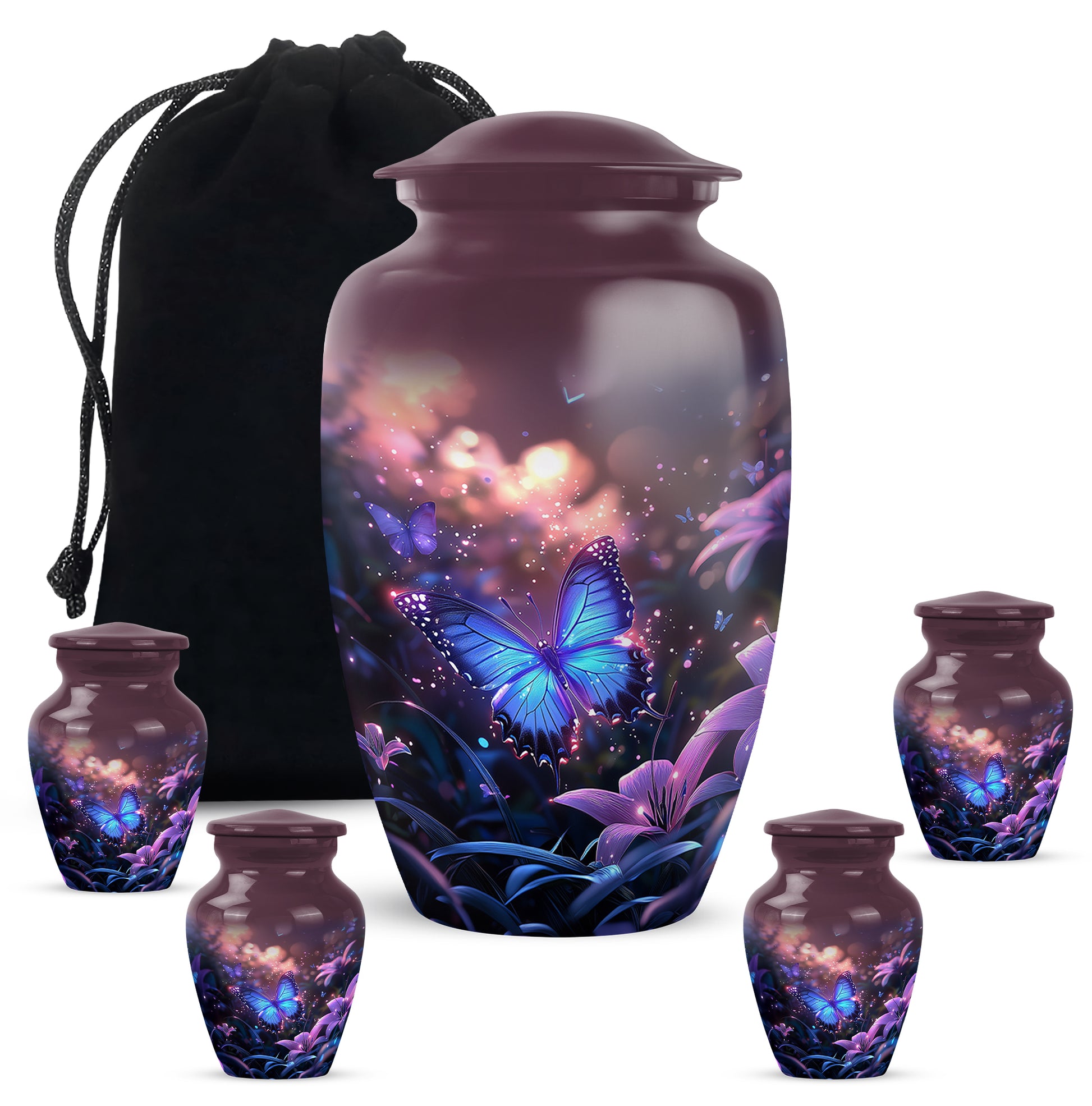 Vintage Pink Butterfly Cremation Urn top-down view of secure threaded lid - traditional butterfly engraving with hand-polished finish - memorial set with one large and four small urns