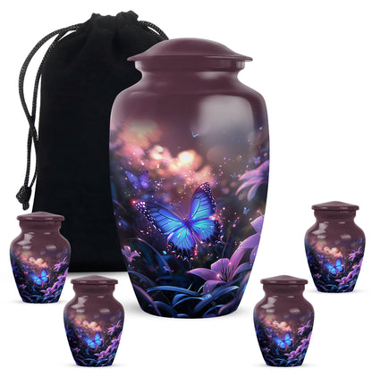Vintage Pink Butterfly Cremation Urn top-down view of secure threaded lid - traditional butterfly engraving with hand-polished finish - memorial set with one large and four small urns