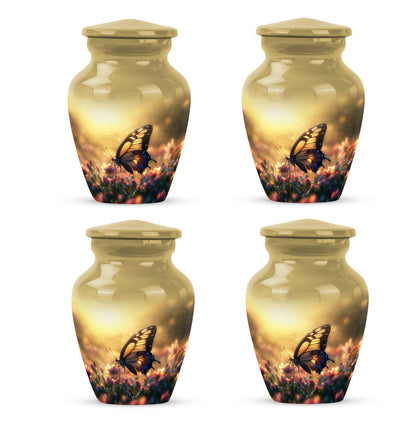 Burnished Gold Butterfly Cremation Urn side profile showing urn shape - traditional butterfly engraving with hand-polished finish - 10 inch aluminum urn for cremated remains