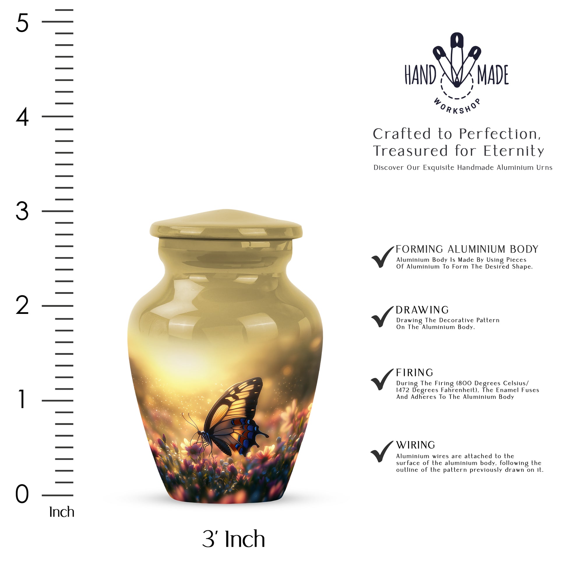 Amber Gold Butterfly Cremation Urn close-up of engraving and surface detail - timeless butterfly motif etched into premium metal - mini keepsake memorial for portion of cremation ashes