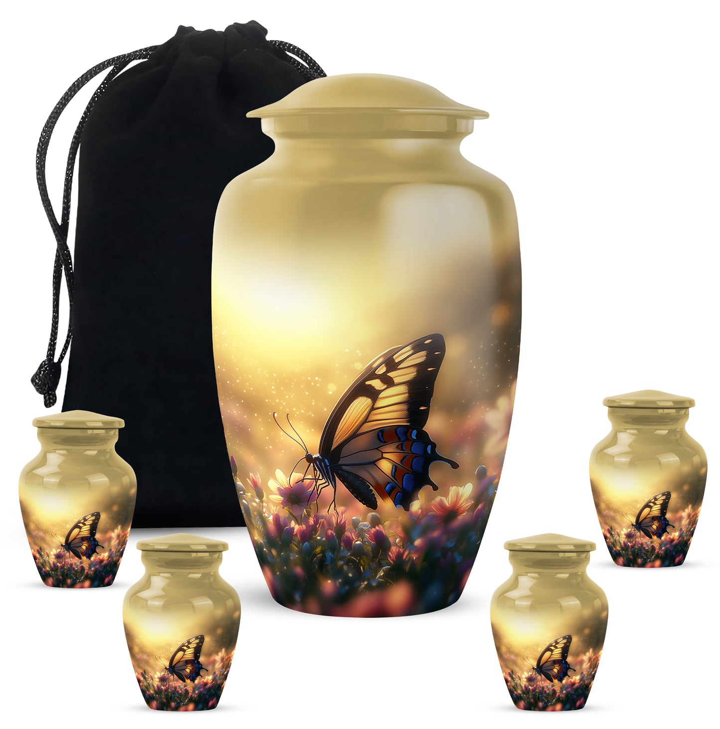 Amber Gold Butterfly Cremation Urn top-down view of secure threaded lid - classic sculpted butterfly pattern on smooth aluminum - memorial set with one large and four small urns