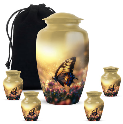 Amber Gold Butterfly Cremation Urn top-down view of secure threaded lid - classic sculpted butterfly pattern on smooth aluminum - memorial set with one large and four small urns