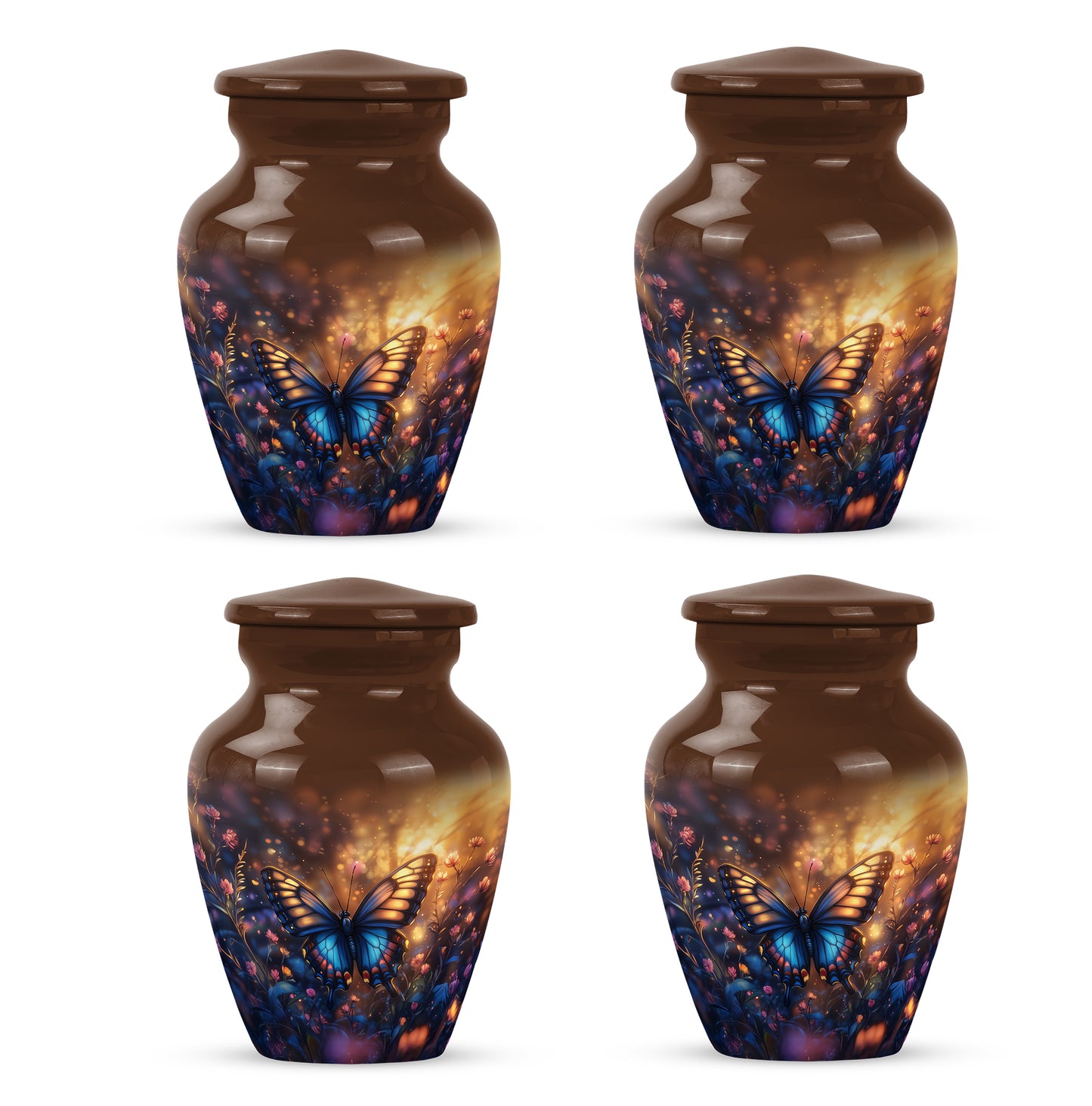 Champagne Gold Butterfly Cremation Urn side profile showing urn shape - timeless butterfly motif etched into premium metal - 10 inch aluminum urn for cremated remains