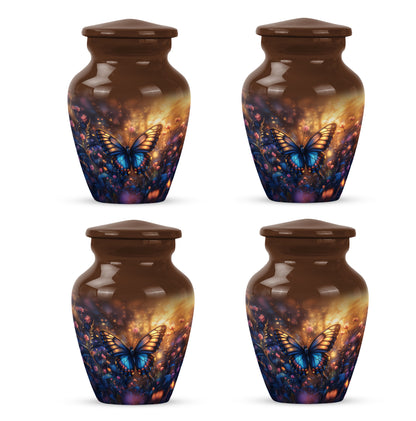 Champagne Gold Butterfly Cremation Urn side profile showing urn shape - timeless butterfly motif etched into premium metal - 10 inch aluminum urn for cremated remains