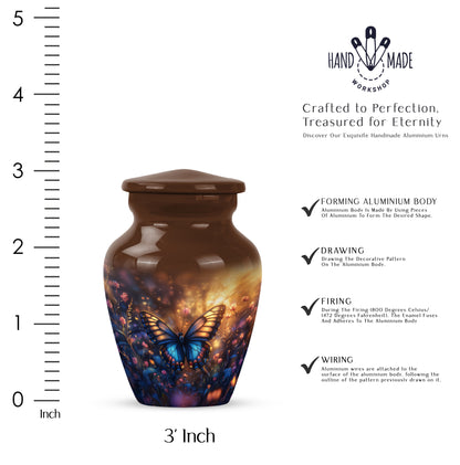 Amber Gold Butterfly Cremation Urn close-up of engraving and surface detail - classic sculpted butterfly pattern on smooth aluminum - mini keepsake memorial for portion of cremation ashes