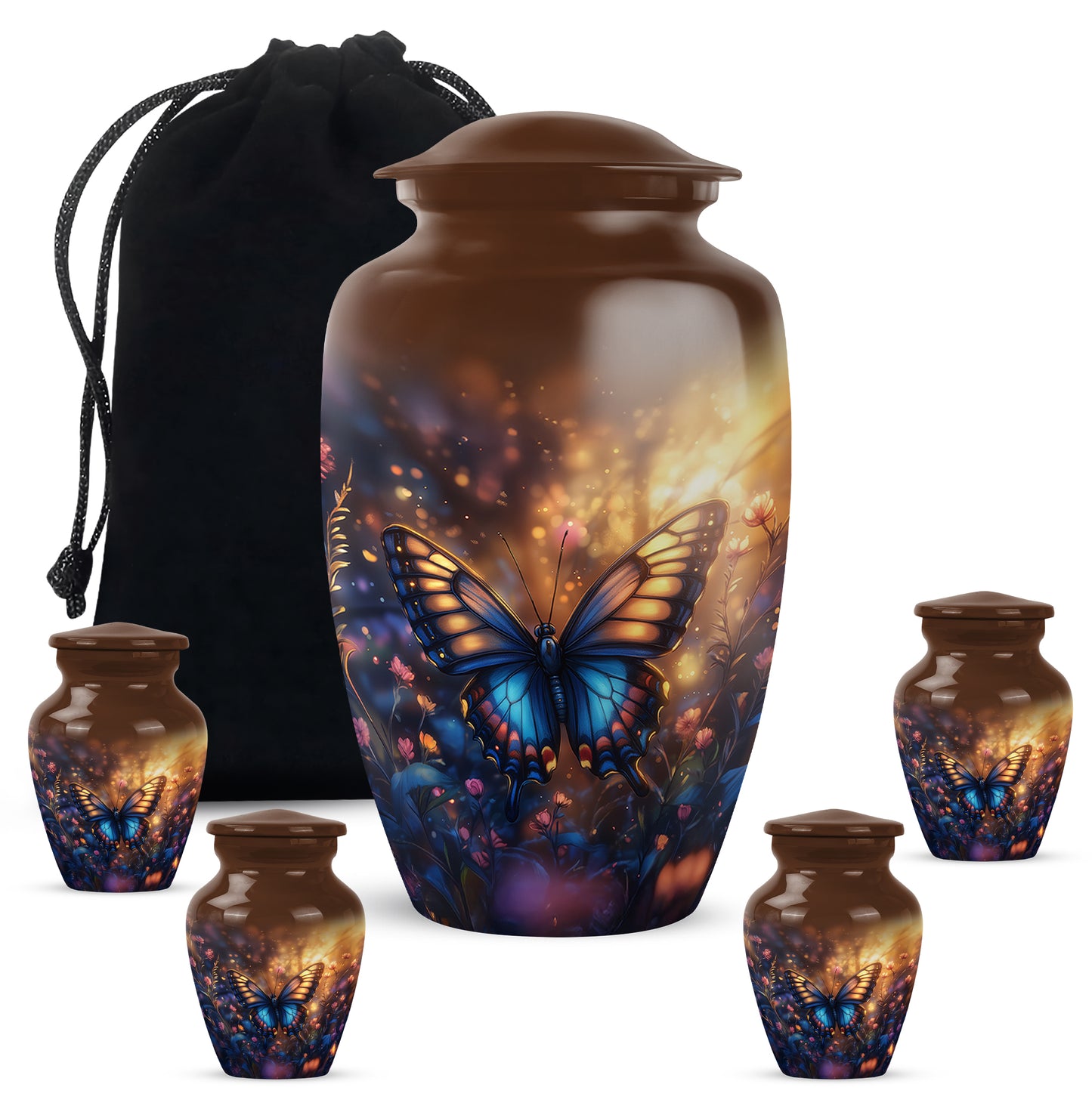 Matte Gold Butterfly Cremation Urn top-down view of secure threaded lid - elegant classic butterfly relief with fine detailing - memorial set with one large and four small urns