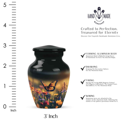 Charcoal Black Butterfly Cremation Urn close-up of engraving and surface detail - elegant classic butterfly relief with fine detailing - mini keepsake memorial for portion of cremation ashes