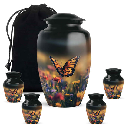 Glossy Black Butterfly Cremation Urn top-down view of secure threaded lid - timeless butterfly motif etched into premium metal - memorial set with one large and four small urns